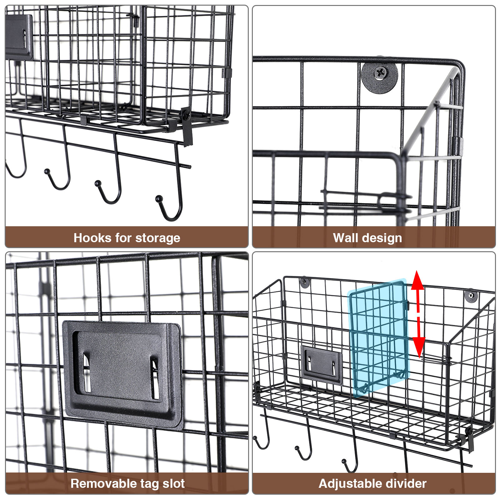 Wire Basket Desk Organizer Adjustable Divider and Tag Slot Wall Mounted Files Organizer