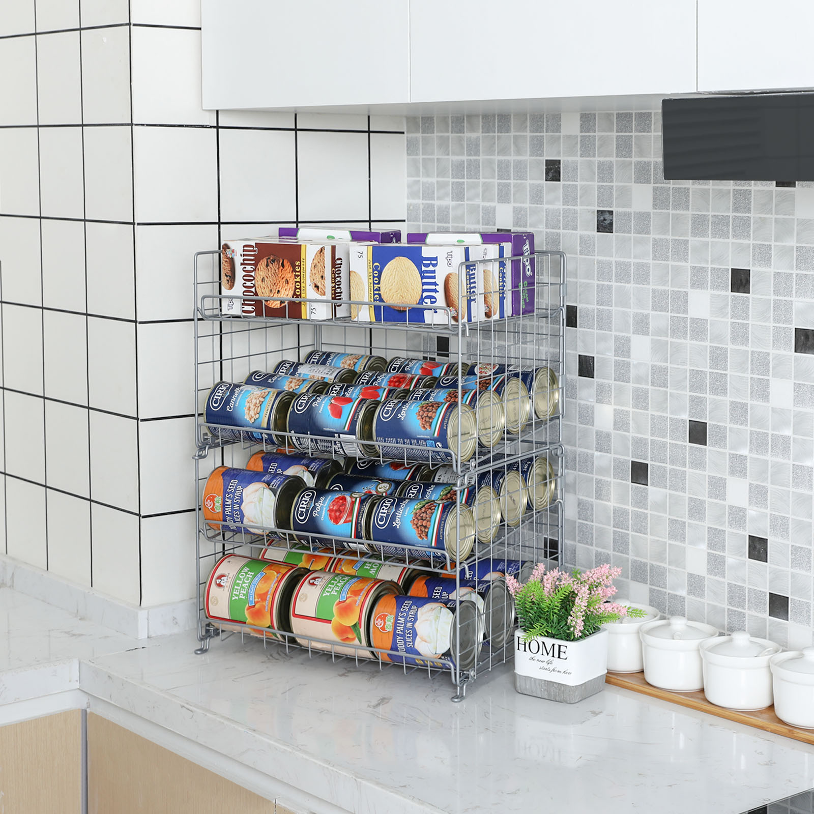 4-Tier Can Storage Rack for Kitchen Cabinet Pantry, Multifunctional Can Dispenser for Storing Canned Snacks Drinks and More,Silver