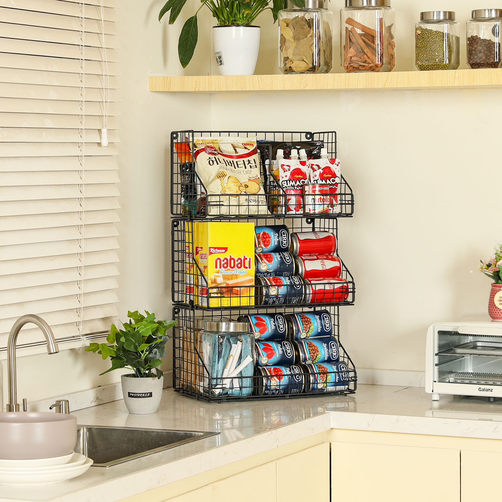 3 Tier Large Stackable Wire Baskets for Pantry Organizers and Storage