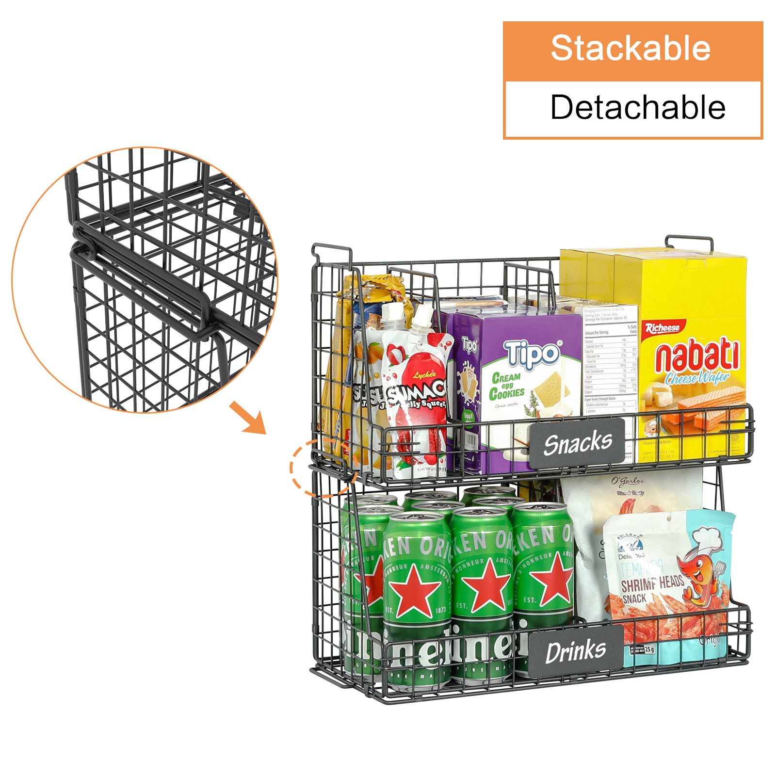 2 Tier Fruit Basket for Kitchen Counter, Stackable Fruit and Vegetable Storage Organizer with 3 Removable Dividers & Handles