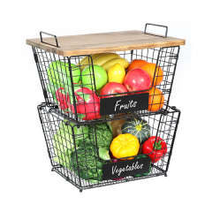 2 Stackable Wire Storage Baskets with Wood Lid and Chalkboards - Kitchen Countertop Organizer for Fruit Vegetable