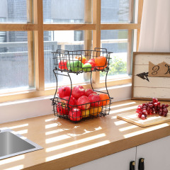 2 Tier Countertop Fruit Basket Stand with Wooden Board, Detachable Fruit Storage Basket for Kitchen