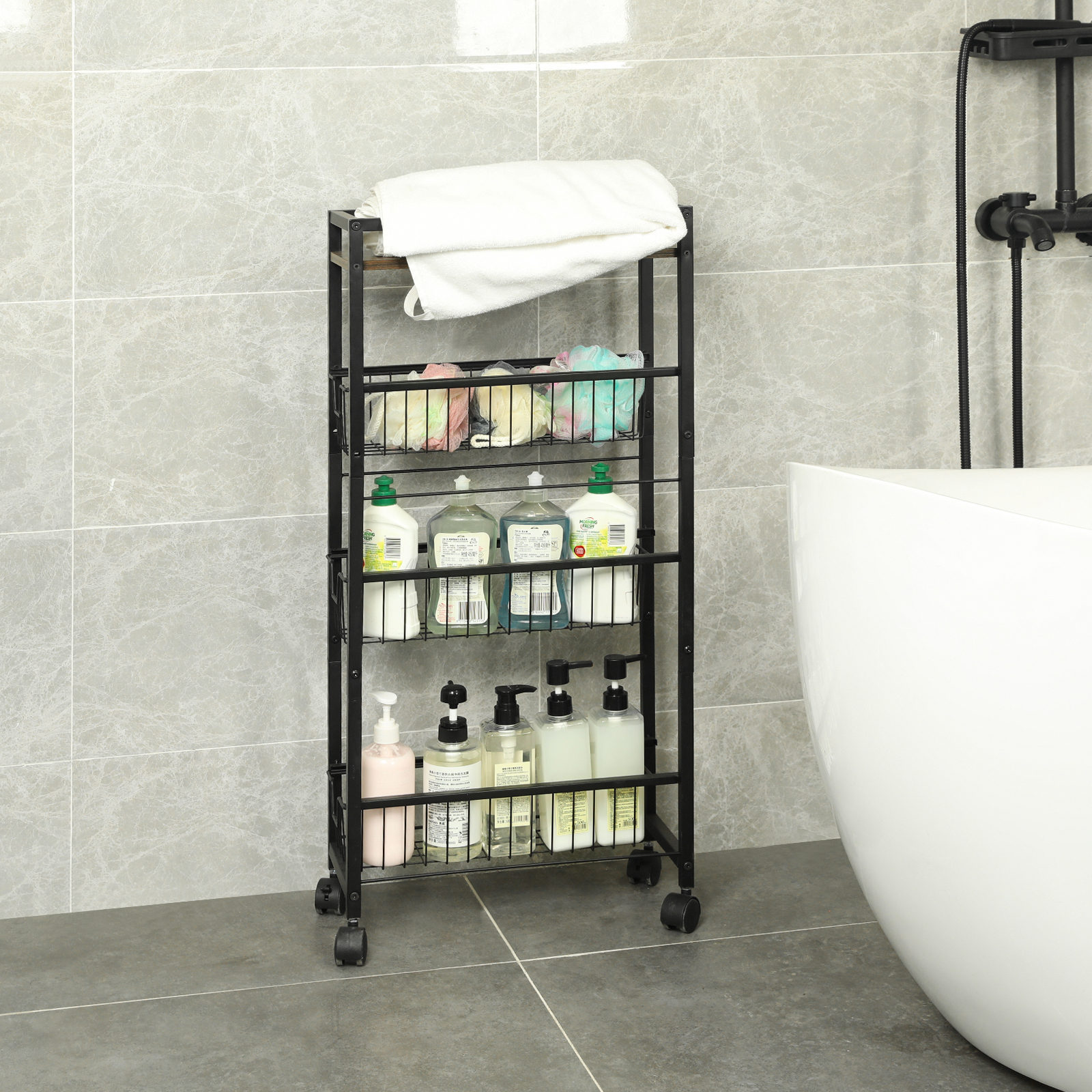 New Design Multiuse 4 Tier Slim Rolling Utility Slide Out Wire Baskets Narrow Storage Cart