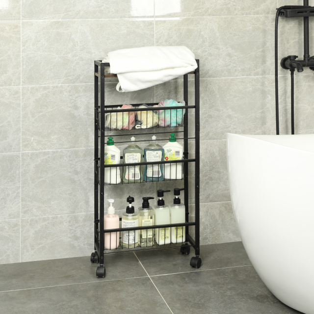 New Design Multiuse 4 Tier Slim Rolling Utility Slide Out Wire Baskets Narrow Storage Cart