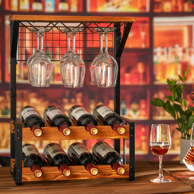 2 Tier Solid Wood Wine Rack Countertop Wine Storage Stand,Hold 8 Wine Bottles and 6 Glasses