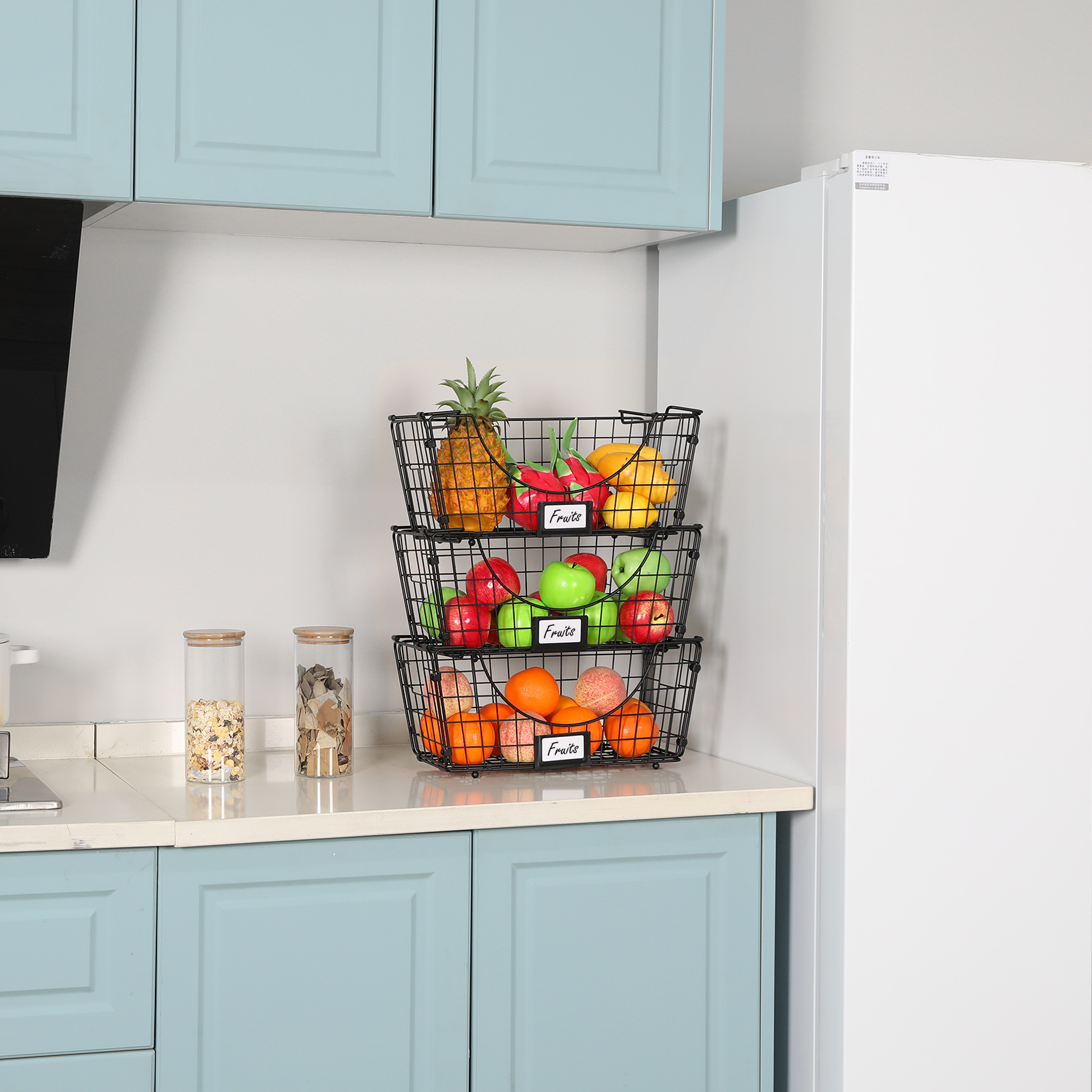 3 Pack Foldable Fruit Vegetable Basket with Removable Name Plate