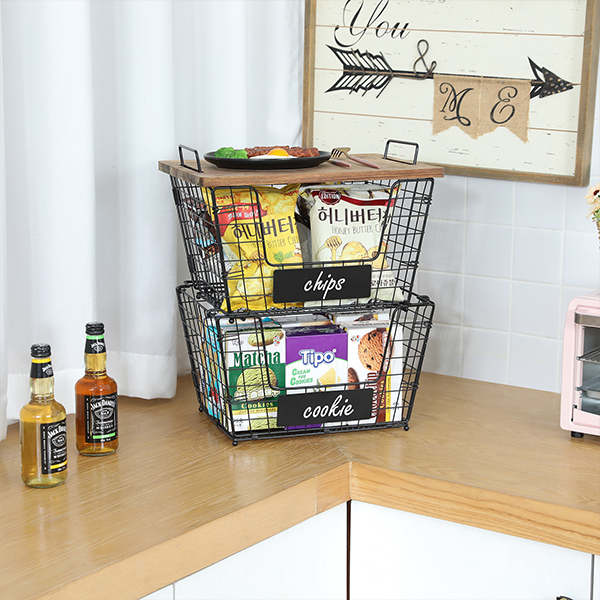 2 Stackable Wire Storage Baskets with Wood Lid and Chalkboards - Kitchen Countertop Organizer for Fruit Vegetable