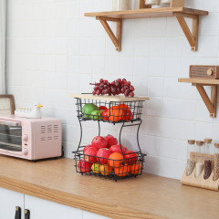 2 Tier Countertop Fruit Basket Stand with Wooden Board, Detachable Fruit Storage Basket for Kitchen