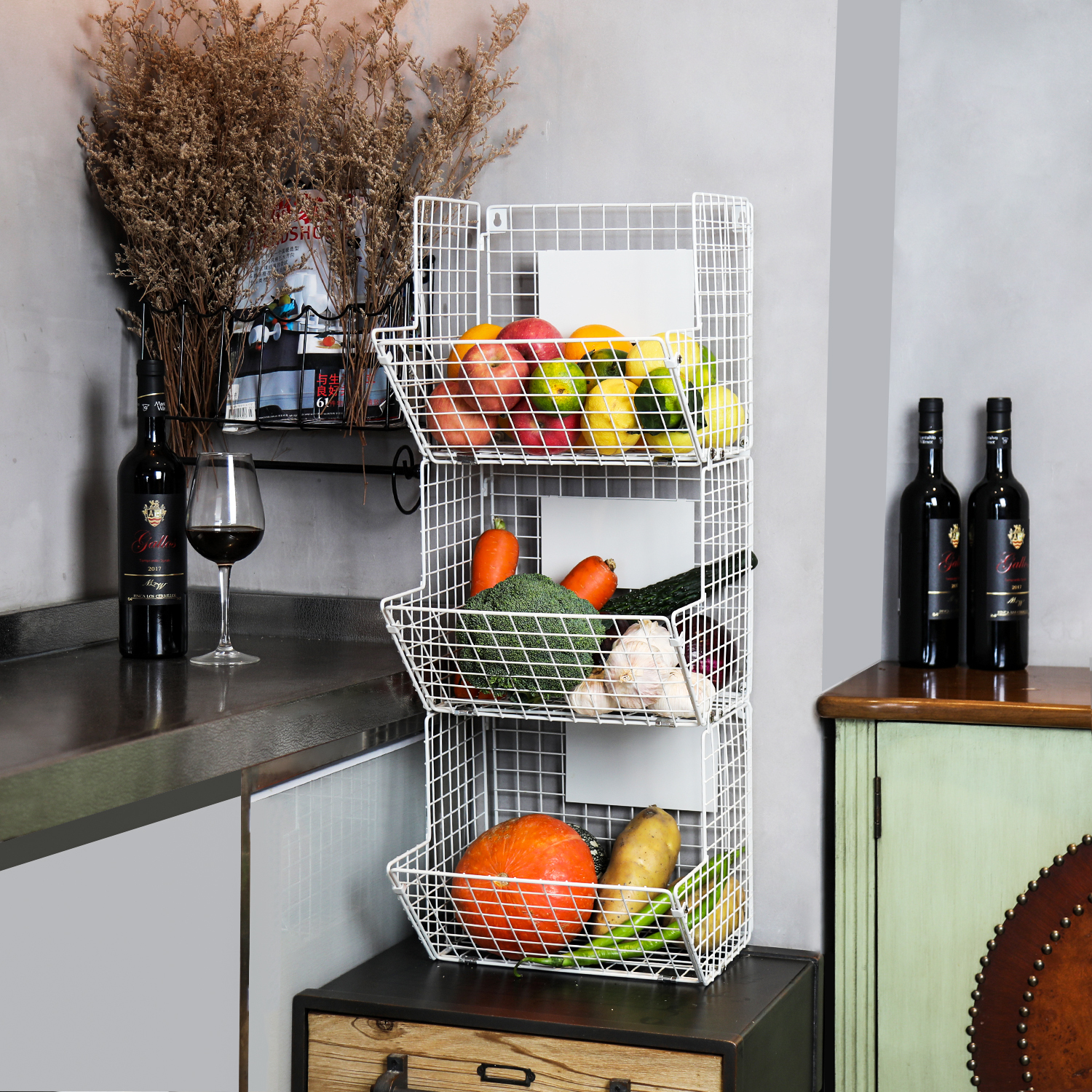 3 Tier Wall Storage Basket Organizer with Hanging Hooks Chalkboards, Rustic Kitchen Fruit Produce Bin Rack Bathroom Tower Baskets (white)