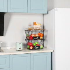 2 Stackable Wire Storage Baskets with Wood Lid and Chalkboards - Kitchen Countertop Organizer for Fruit Vegetable