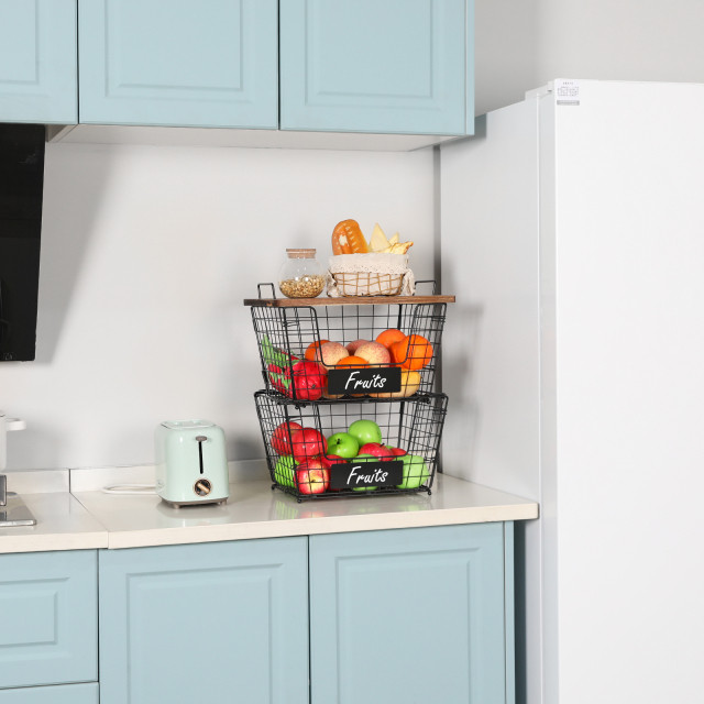 2 Stackable Wire Storage Baskets with Wood Lid and Chalkboards - Kitchen Countertop Organizer for Fruit Vegetable