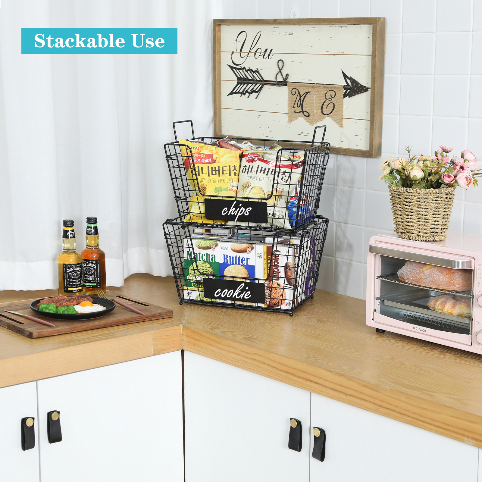 2 Stackable Wire Storage Baskets with Wood Lid and Chalkboards - Kitchen Countertop Organizer for Fruit Vegetable