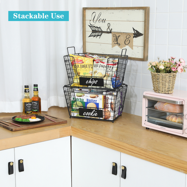2 Stackable Wire Storage Baskets with Wood Lid and Chalkboards - Kitchen Countertop Organizer for Fruit Vegetable
