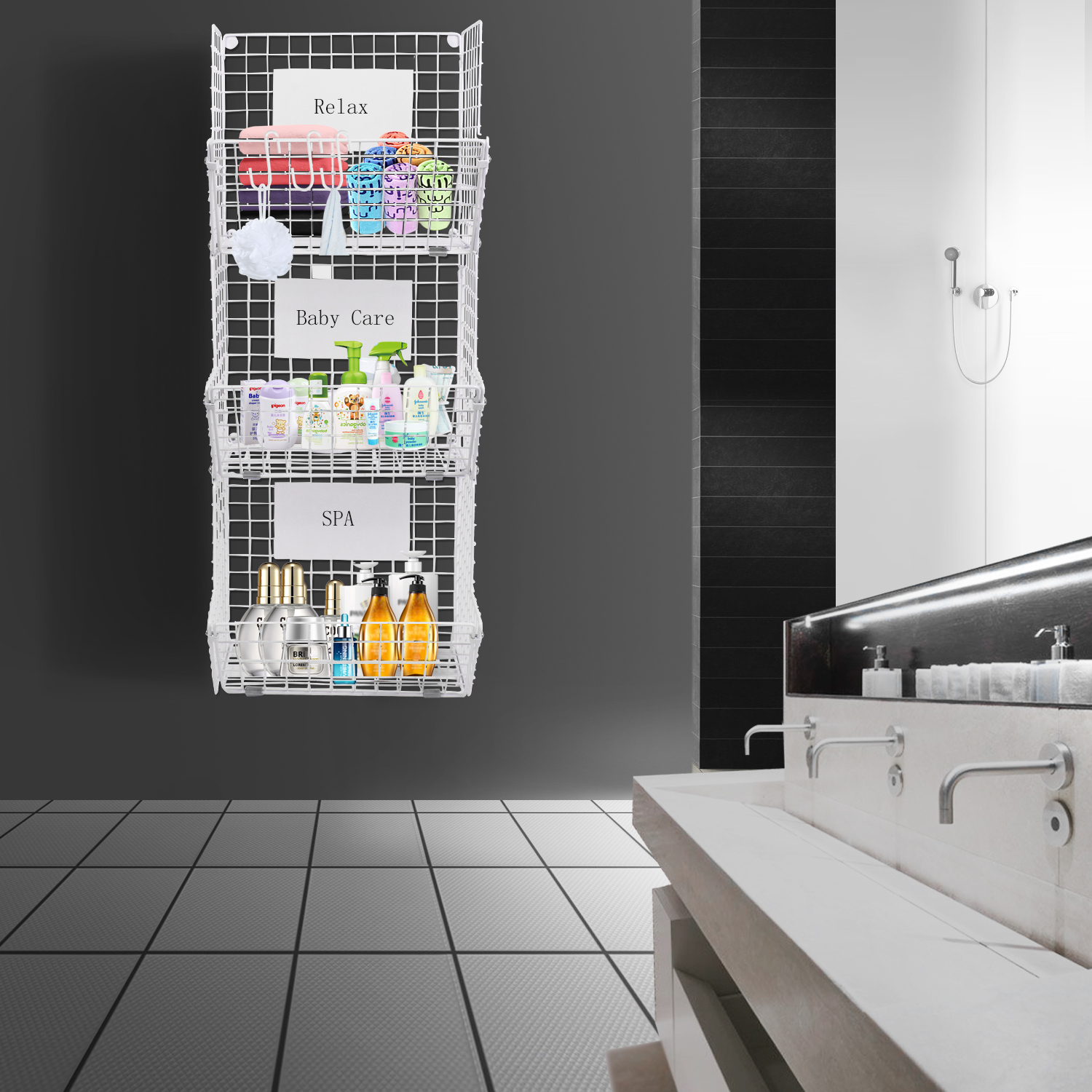 3 Tier Wall Storage Basket Organizer with Hanging Hooks Chalkboards, Rustic Kitchen Fruit Produce Bin Rack Bathroom Tower Baskets (white)