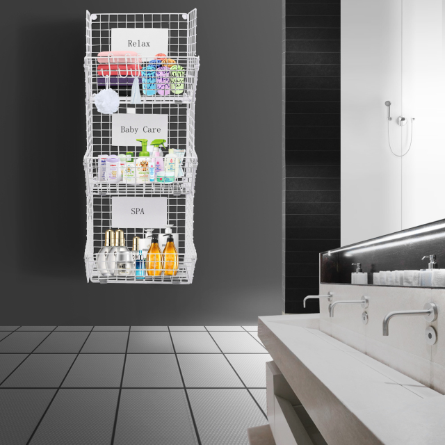 3 Tier Wall Storage Basket Organizer with Hanging Hooks Chalkboards, Rustic Kitchen Fruit Produce Bin Rack Bathroom Tower Baskets (white)