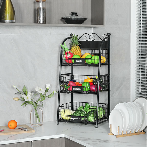 3 Tier Vegetables Storage Basket Stand with Nameplate Kitchen Freestanding Metal Fruit Storage Cart with Anti-scratch Adjustable Feet