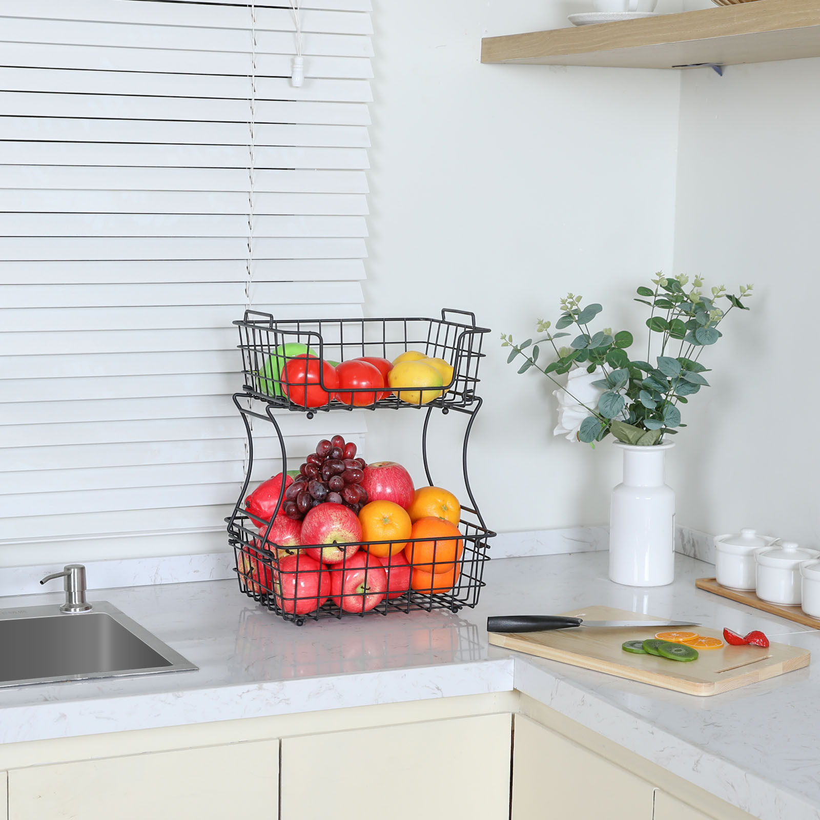 2 Tier Countertop Fruit Basket Stand with Wooden Board, Detachable Fruit Storage Basket for Kitchen