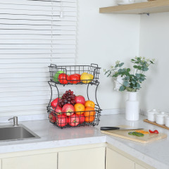 2 Tier Countertop Fruit Basket Stand with Wooden Board, Detachable Fruit Storage Basket for Kitchen