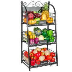 3 Tier Vegetables Storage Basket Stand with Nameplate Kitchen Freestanding Metal Fruit Storage Cart with Anti-scratch Adjustable Feet