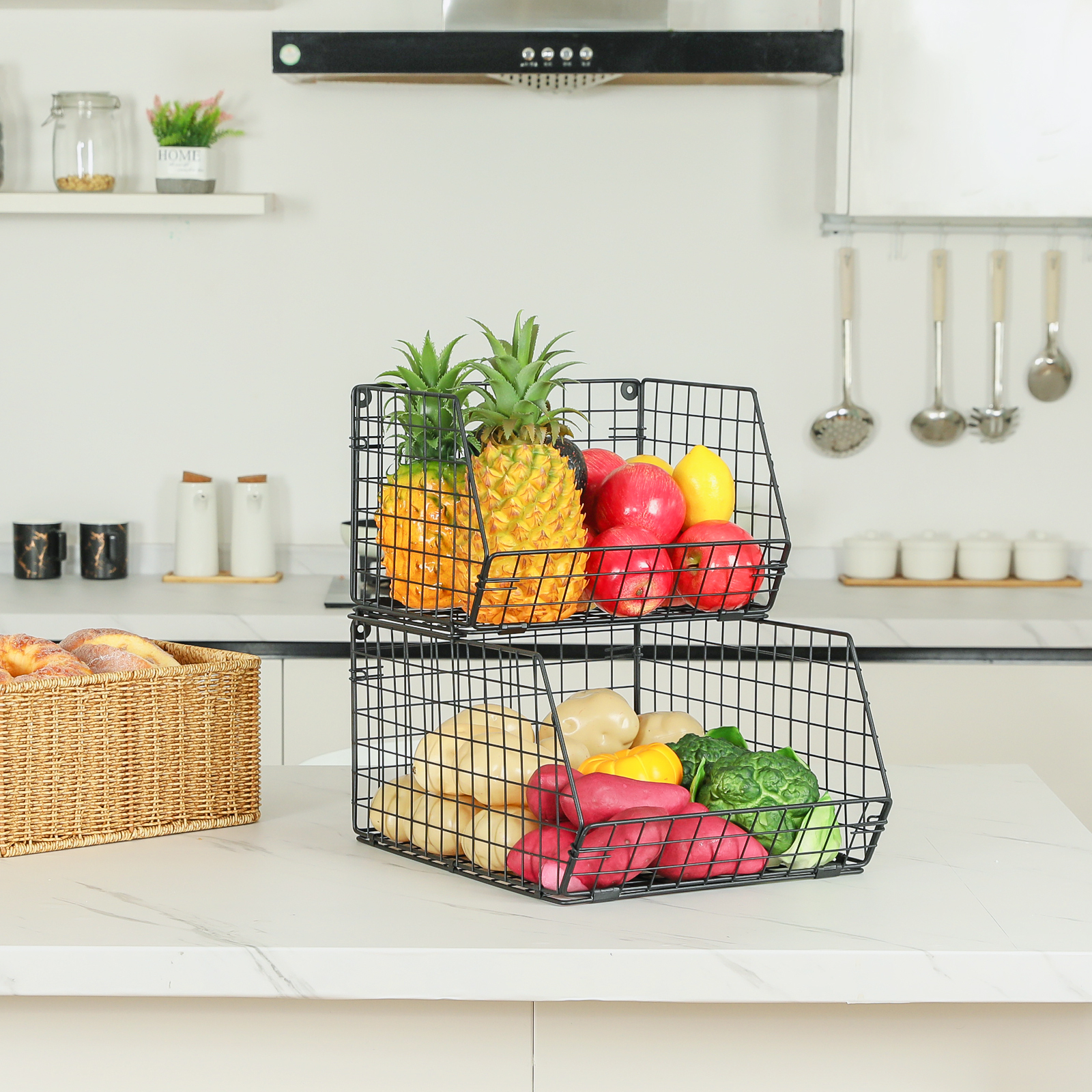 2-Tier Wall-mounted & Countertop Tiered Baskets for Fruit Veggies Produce Snack Canned Foods, Black,Extra Large