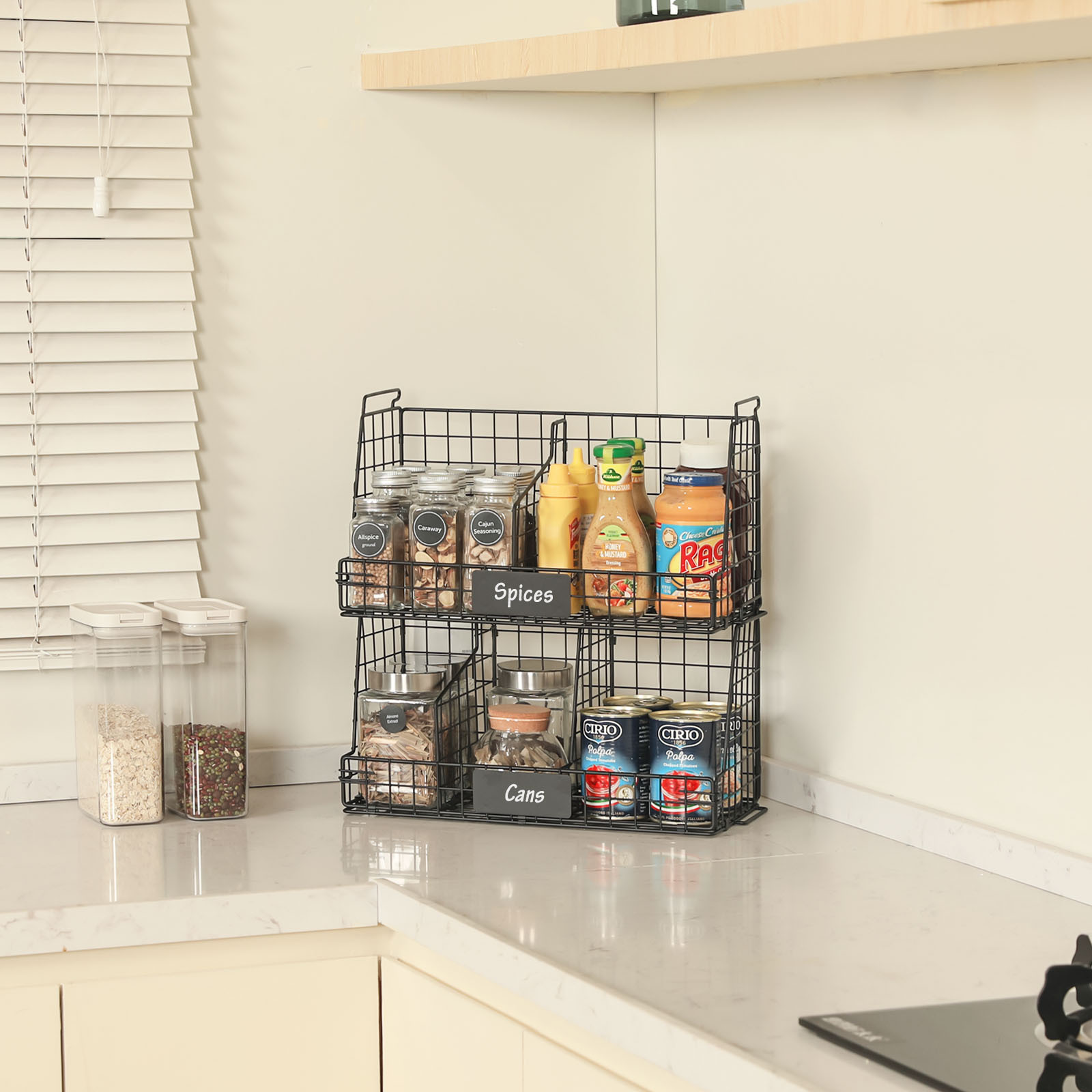 2 Tier Fruit Basket for Kitchen Counter, Stackable Fruit and Vegetable Storage Organizer with 3 Removable Dividers & Handles