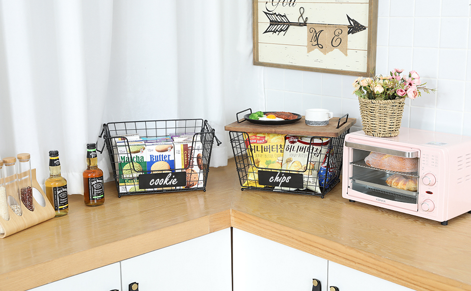2 Stackable Wire Storage Baskets with Wood Lid and Chalkboards - Kitchen Countertop Organizer for Fruit Vegetable