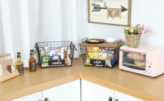 2 Stackable Wire Storage Baskets with Wood Lid and Chalkboards - Kitchen Countertop Organizer for Fruit Vegetable