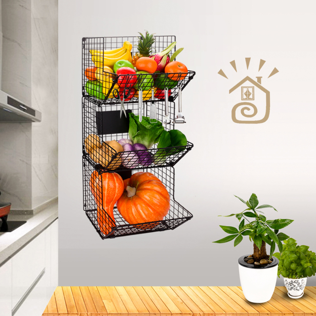 3 Tier Wall Storage Basket Organizer with Hanging Hooks Chalkboards, Rustic Kitchen Fruit Produce Bin Rack Bathroom Tower Baskets (Black)