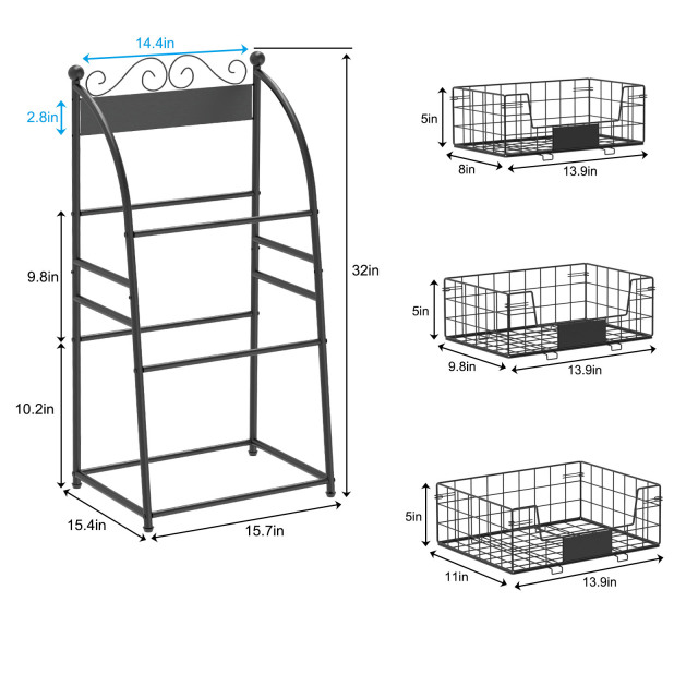 3 Tier Vegetables Storage Basket Stand with Nameplate Kitchen Freestanding Metal Fruit Storage Cart with Anti-scratch Adjustable Feet