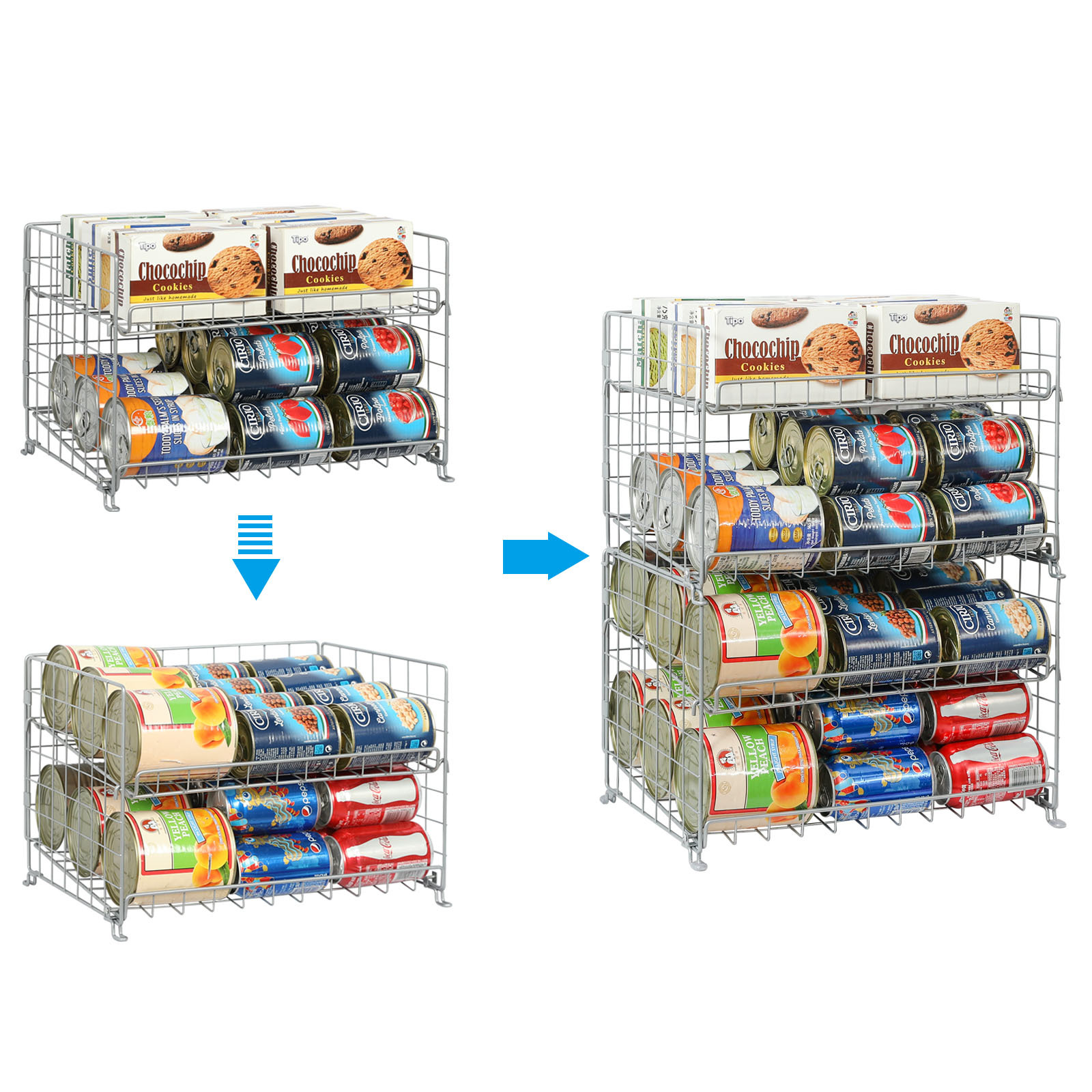 4-Tier Can Storage Rack for Kitchen Cabinet Pantry, Multifunctional Can Dispenser for Storing Canned Snacks Drinks and More,Silver