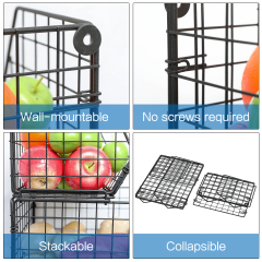 2-Tier Wall-mounted & Countertop Tiered Baskets for Fruit Veggies Produce Snack Canned Foods, Black,Extra Large