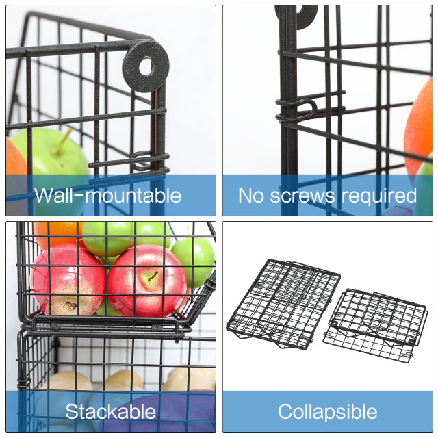 2-Tier Wall-mounted & Countertop Tiered Baskets for Fruit Veggies Produce Snack Canned Foods, Black,Extra Large