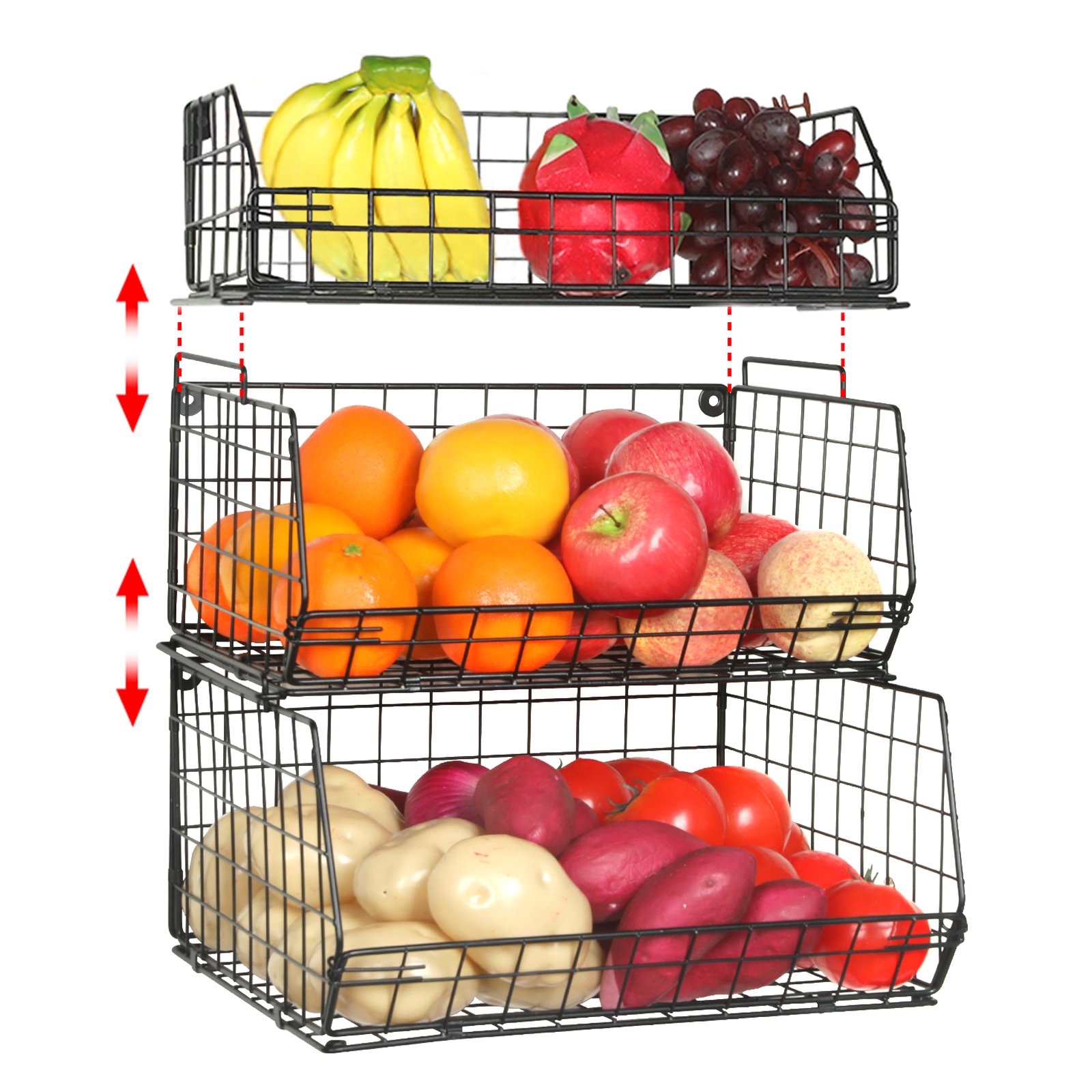 3-Tier Stackable Fruit Bowl Wall-mounted & Countertop Wire Storage Detachable Storage Baskets With Adjustable Feet