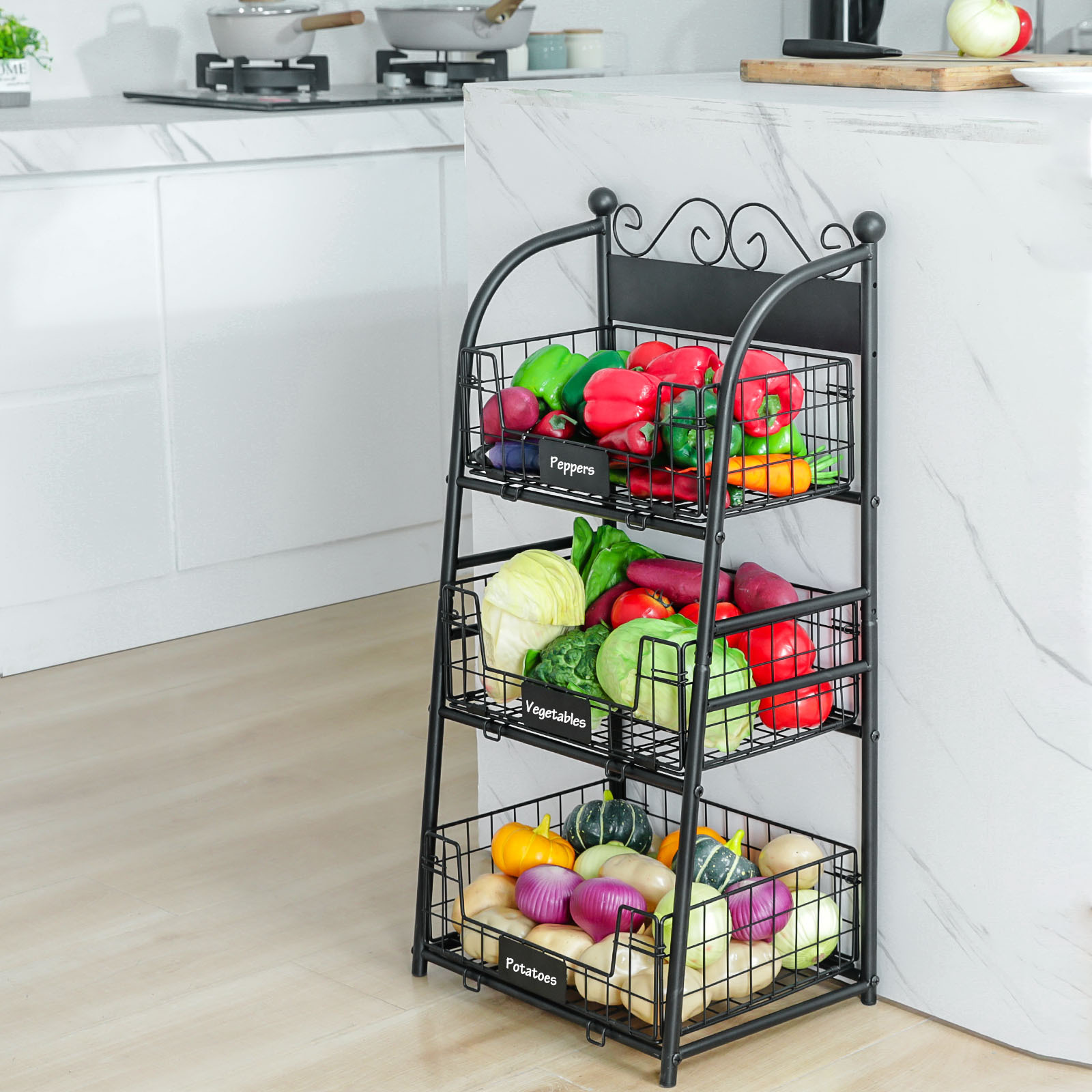3 Tier Vegetables Storage Basket Stand with Nameplate Kitchen Freestanding Metal Fruit Storage Cart with Anti-scratch Adjustable Feet