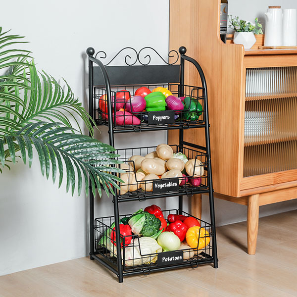 3 Tier Vegetables Storage Basket Stand with Nameplate Kitchen Freestanding Metal Fruit Storage Cart with Anti-scratch Adjustable Feet