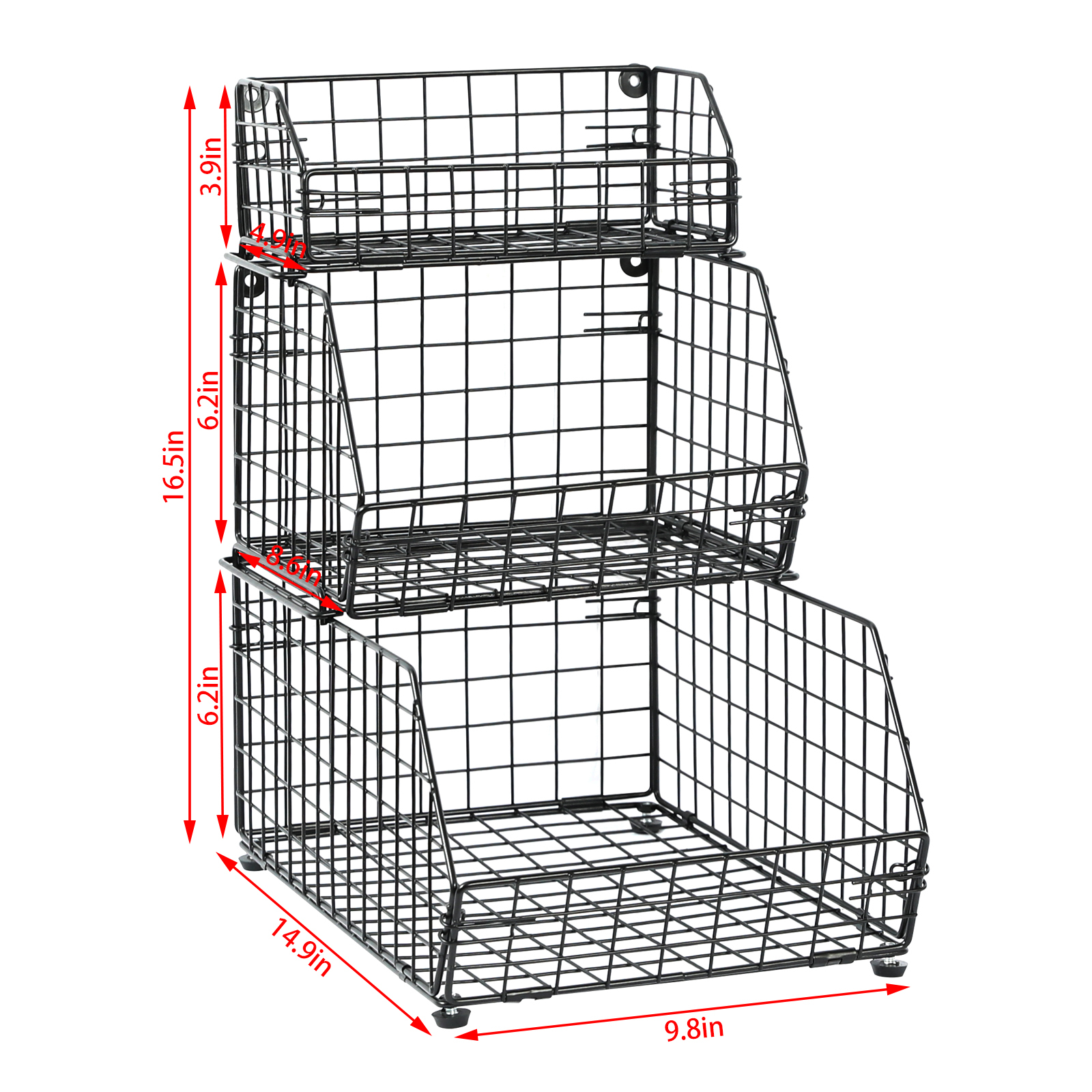3 Tier Fruit and Vegetable Basket Wall-Mounted & Countertop Organizer for Potato Onion Stackable Wire Baskets