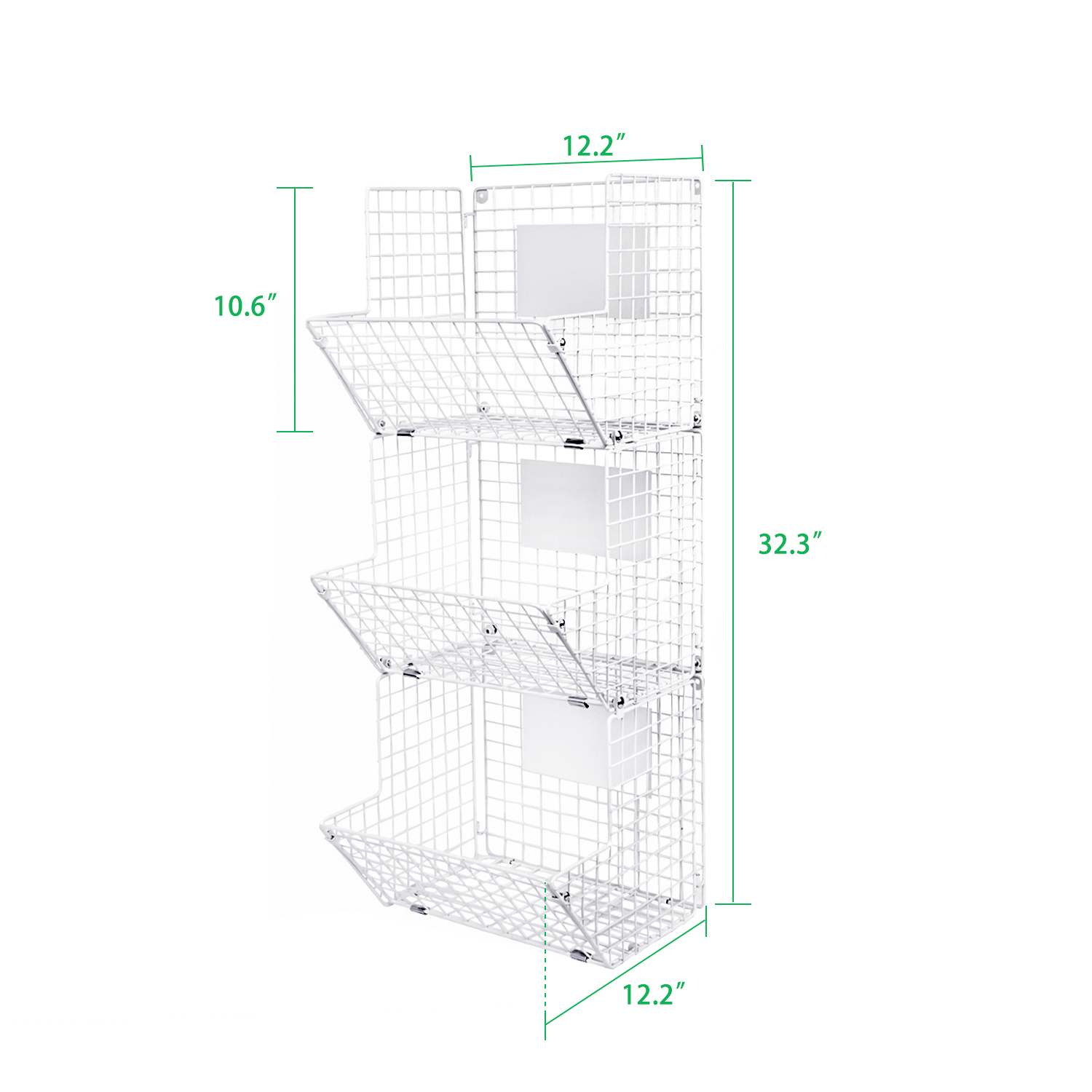 3 Tier Wall Storage Basket Organizer with Hanging Hooks Chalkboards, Rustic Kitchen Fruit Produce Bin Rack Bathroom Tower Baskets (white)
