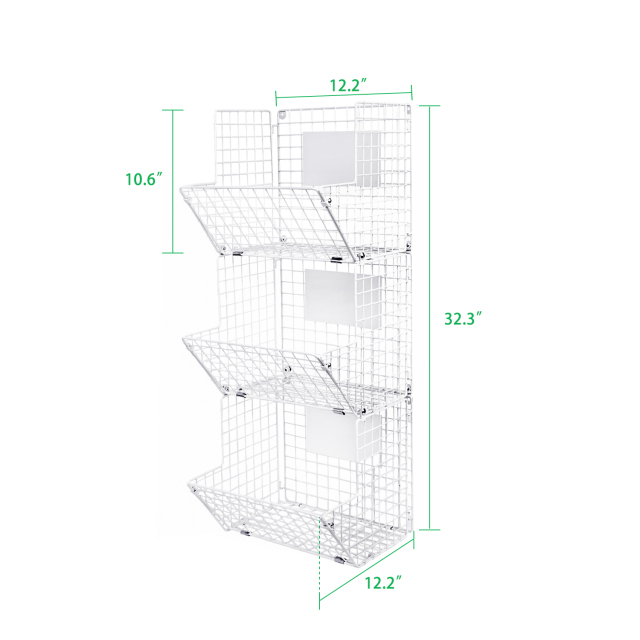 3 Tier Wall Storage Basket Organizer with Hanging Hooks Chalkboards, Rustic Kitchen Fruit Produce Bin Rack Bathroom Tower Baskets (white)