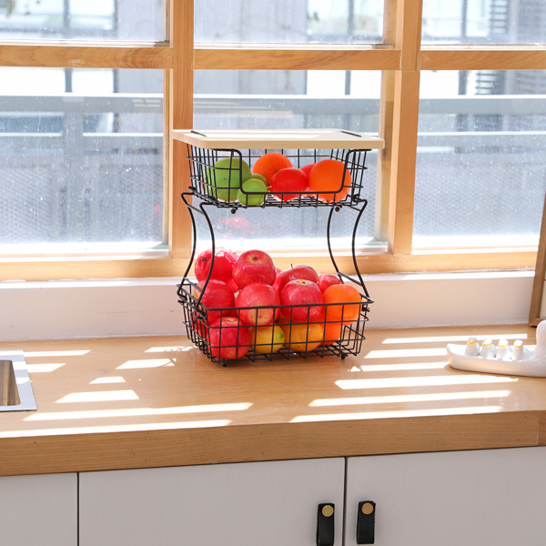 2 Tier Countertop Fruit Basket Stand with Wooden Board, Detachable Fruit Storage Basket for Kitchen