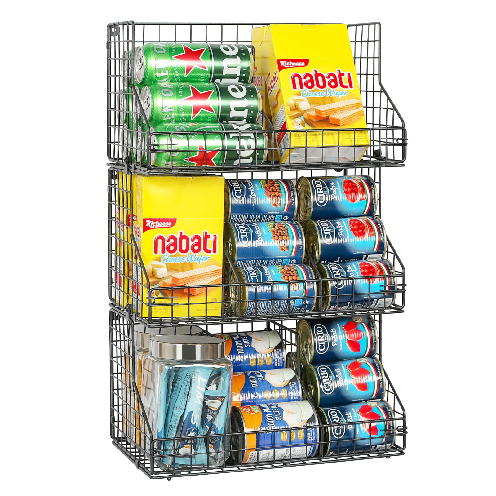 3 Tier Large Stackable Wire Baskets for Pantry Organizers and Storage