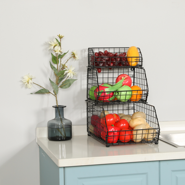 3 Tier Fruit and Vegetable Basket Wall-Mounted & Countertop Organizer for Potato Onion Stackable Wire Baskets