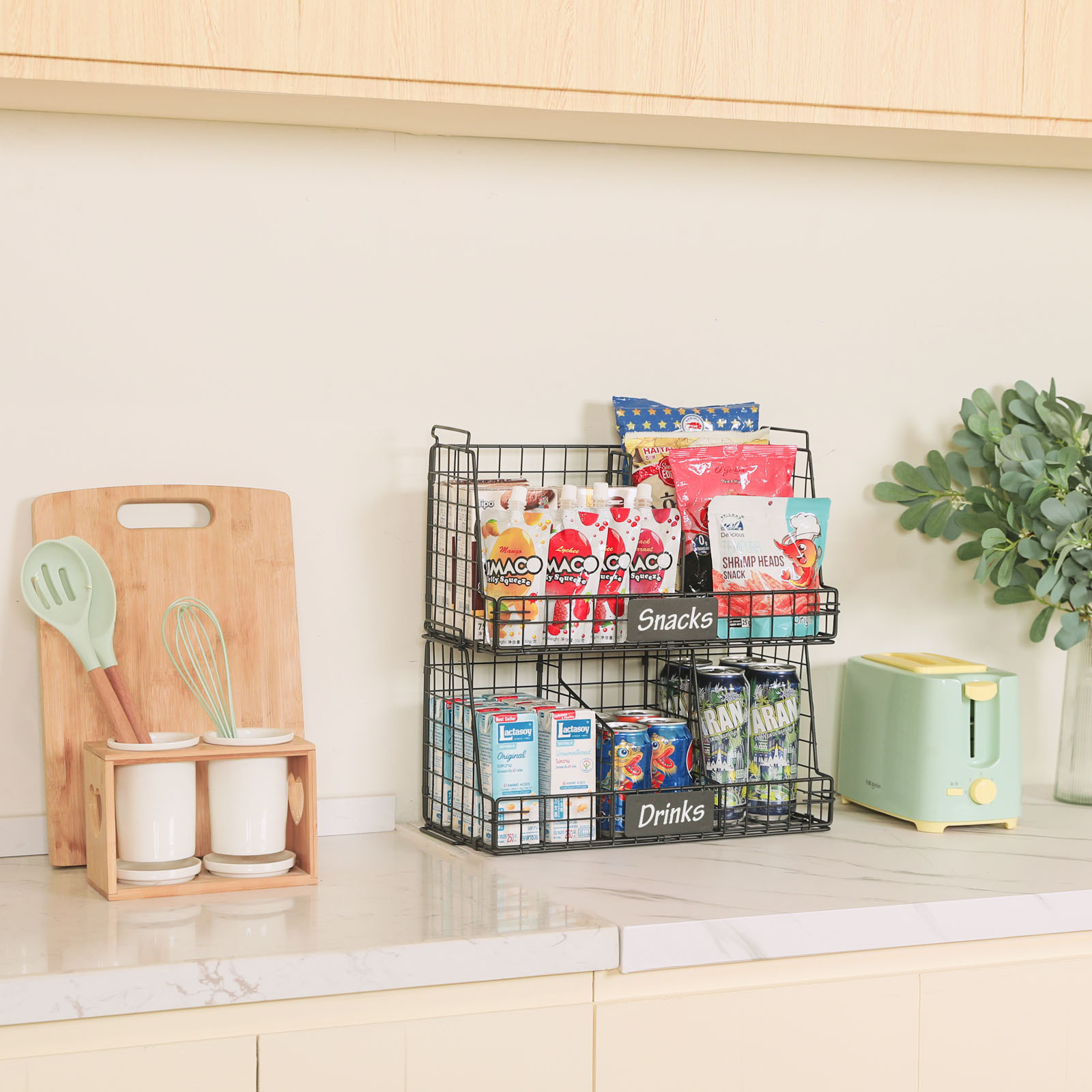2 Tier Fruit Basket for Kitchen Counter, Stackable Fruit and Vegetable Storage Organizer with 3 Removable Dividers & Handles