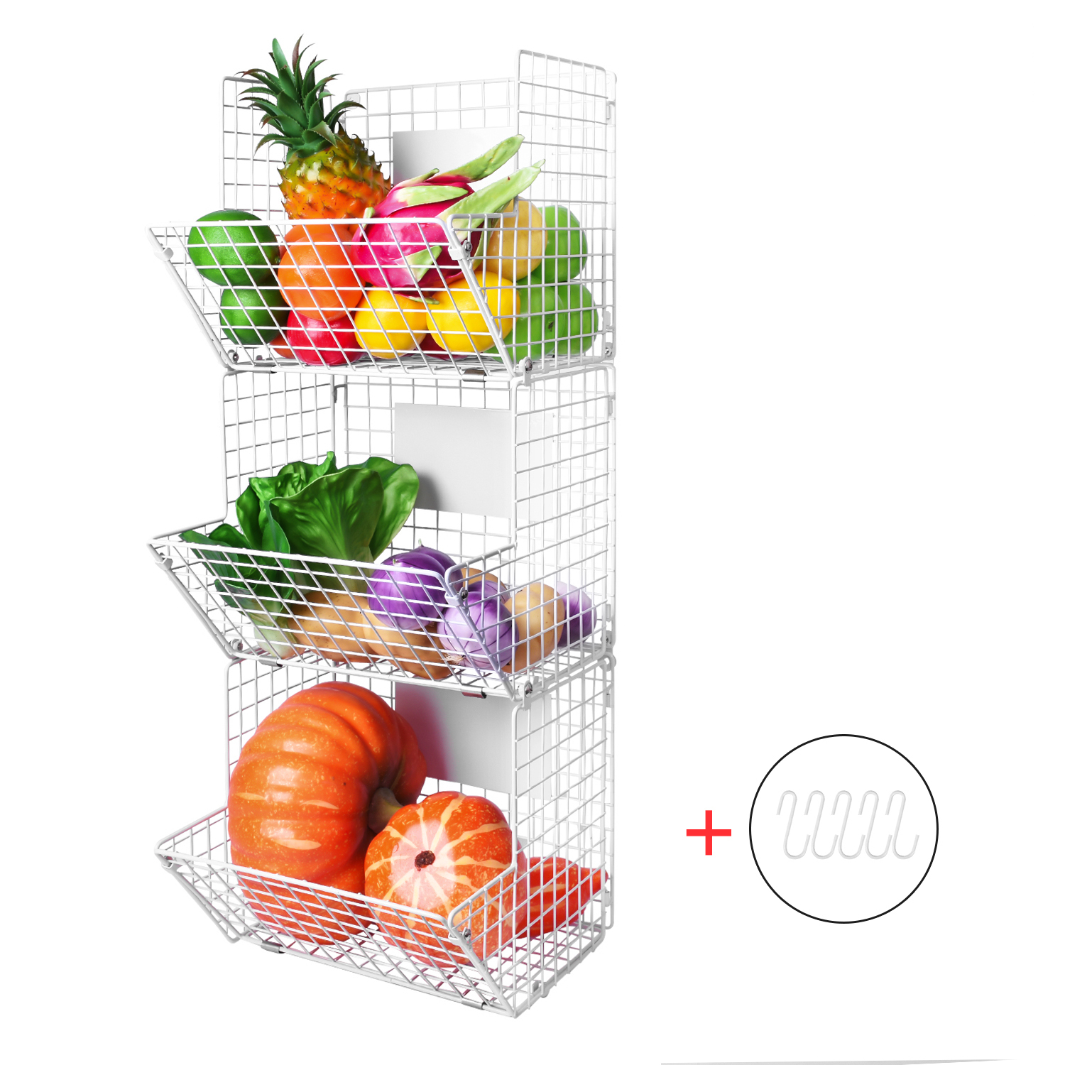 3 Tier Wall Storage Basket Organizer with Hanging Hooks Chalkboards, Rustic Kitchen Fruit Produce Bin Rack Bathroom Tower Baskets (white)
