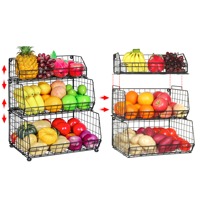 3-Tier Stackable Fruit Bowl Wall-mounted & Countertop Wire Storage Detachable Storage Baskets With Adjustable Feet