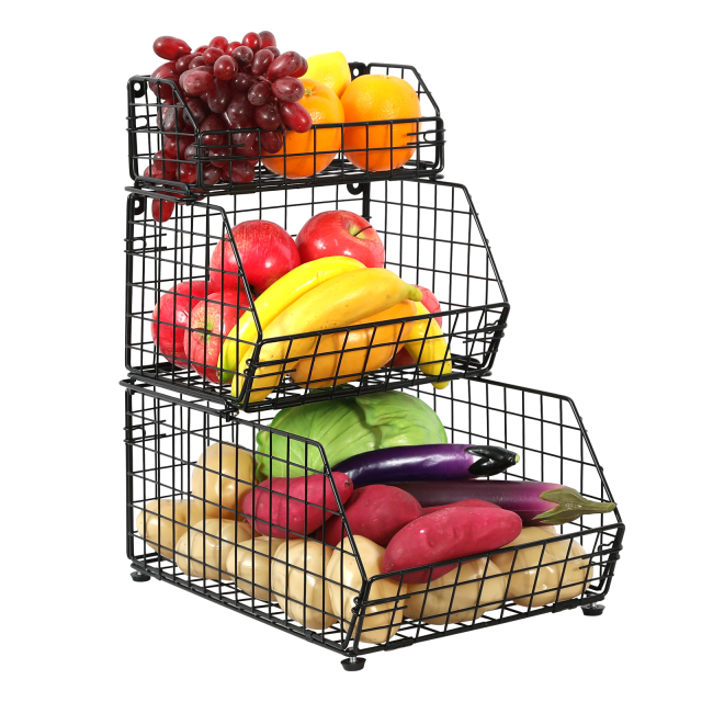 3 Tier Fruit and Vegetable Basket Wall-Mounted & Countertop Organizer for Potato Onion Stackable Wire Baskets