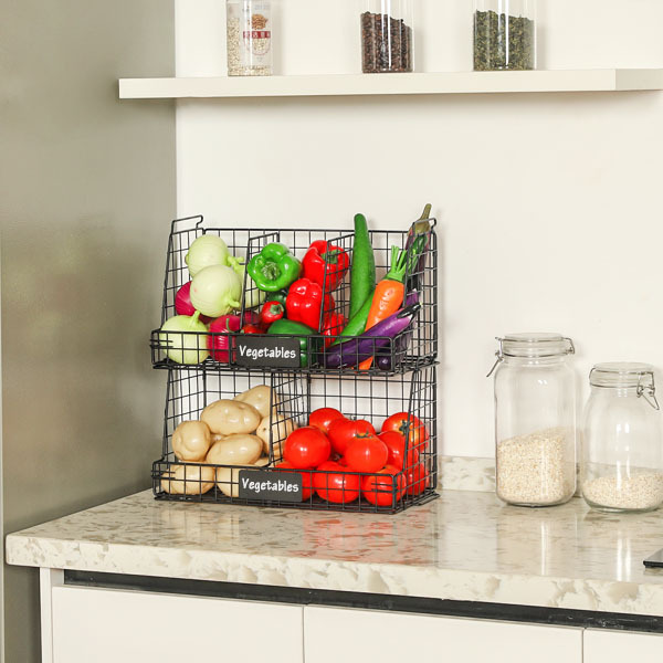 2 Tier Fruit Basket for Kitchen Counter, Stackable Fruit and Vegetable Storage Organizer with 3 Removable Dividers & Handles