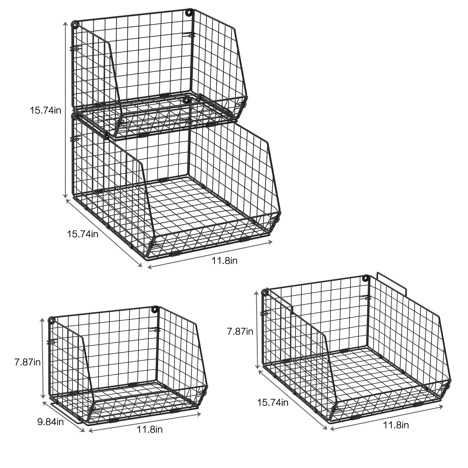 2-Tier Wall-mounted & Countertop Tiered Baskets for Fruit Veggies Produce Snack Canned Foods, Black,Extra Large