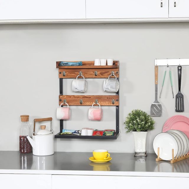 Wood Coffee Mug Holder Wall Mounted 2 Tier Coffee Cup Holder Organizer