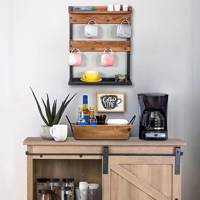 Wood Coffee Mug Holder Wall Mounted 2 Tier Coffee Cup Holder Organizer