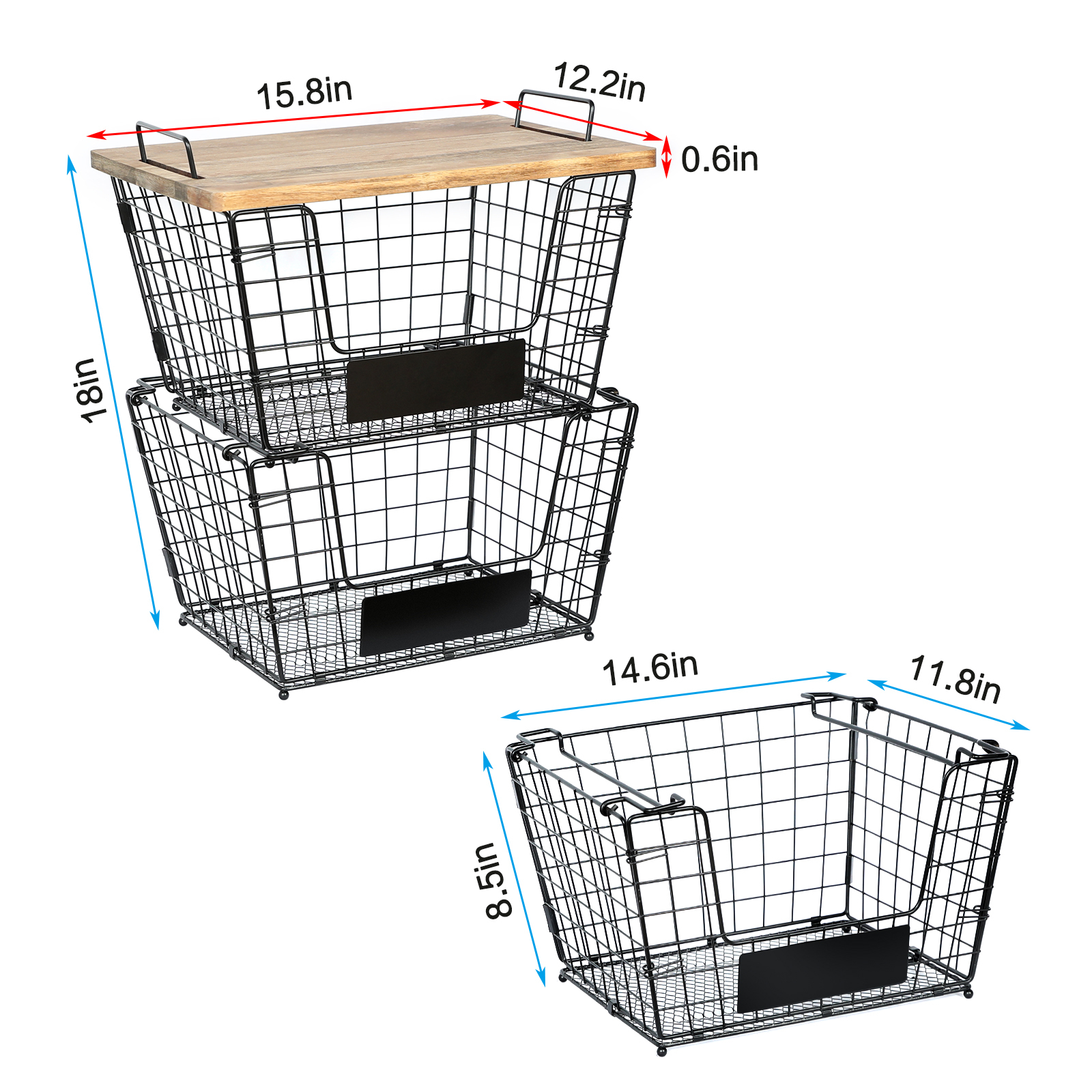 2 Stackable Wire Storage Baskets with Wood Lid and Chalkboards - Kitchen Countertop Organizer for Fruit Vegetable